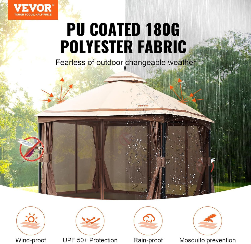 VEVOR Patio Gazebo for 10-12 Person, 10 x 13 FT Backyard Gazebo, with Mosquito Netting, Metal Frame, and PU Coated 180G Polyester, Outdoor Canopy Shelter for Patio, Backyard, Lawn, Garden, Deck