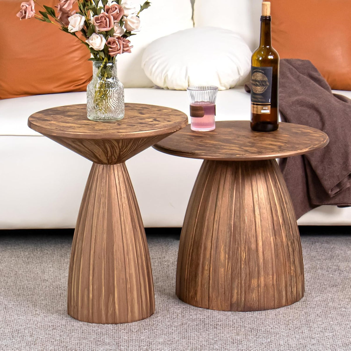 Round Small Patio Side Table Set of 2, Patio Furniture Accent End Table, Metal Steel Outdoor Side Table, for Garden, Pool, Yard, Balcony, Living Room, Deck, Weather Resistant, No Assembly, Wood Color