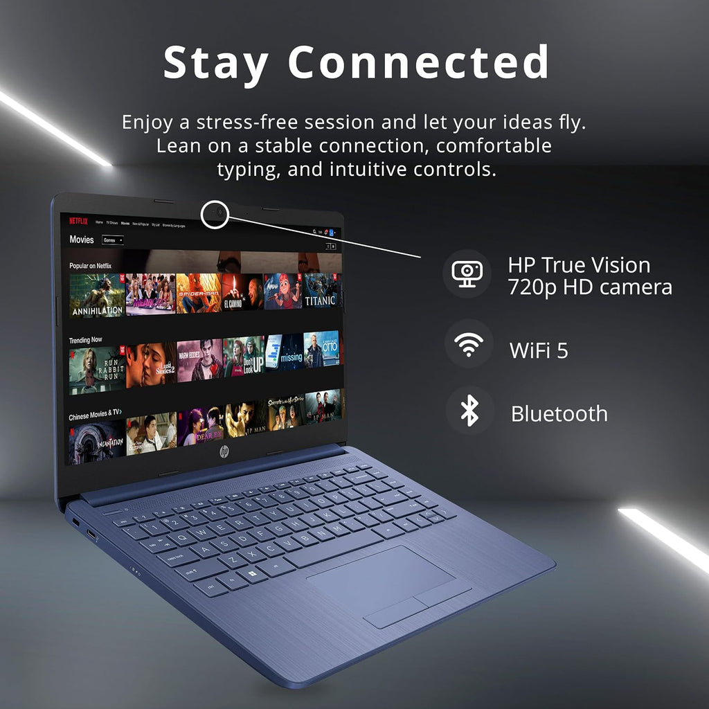 HP 14' HD Laptop, Windows 11, Intel Celeron Dual-Core Processor Up to 2.60GHz, 4GB RAM, 64GB SSD, Webcam, Dale Blue (Renewed)