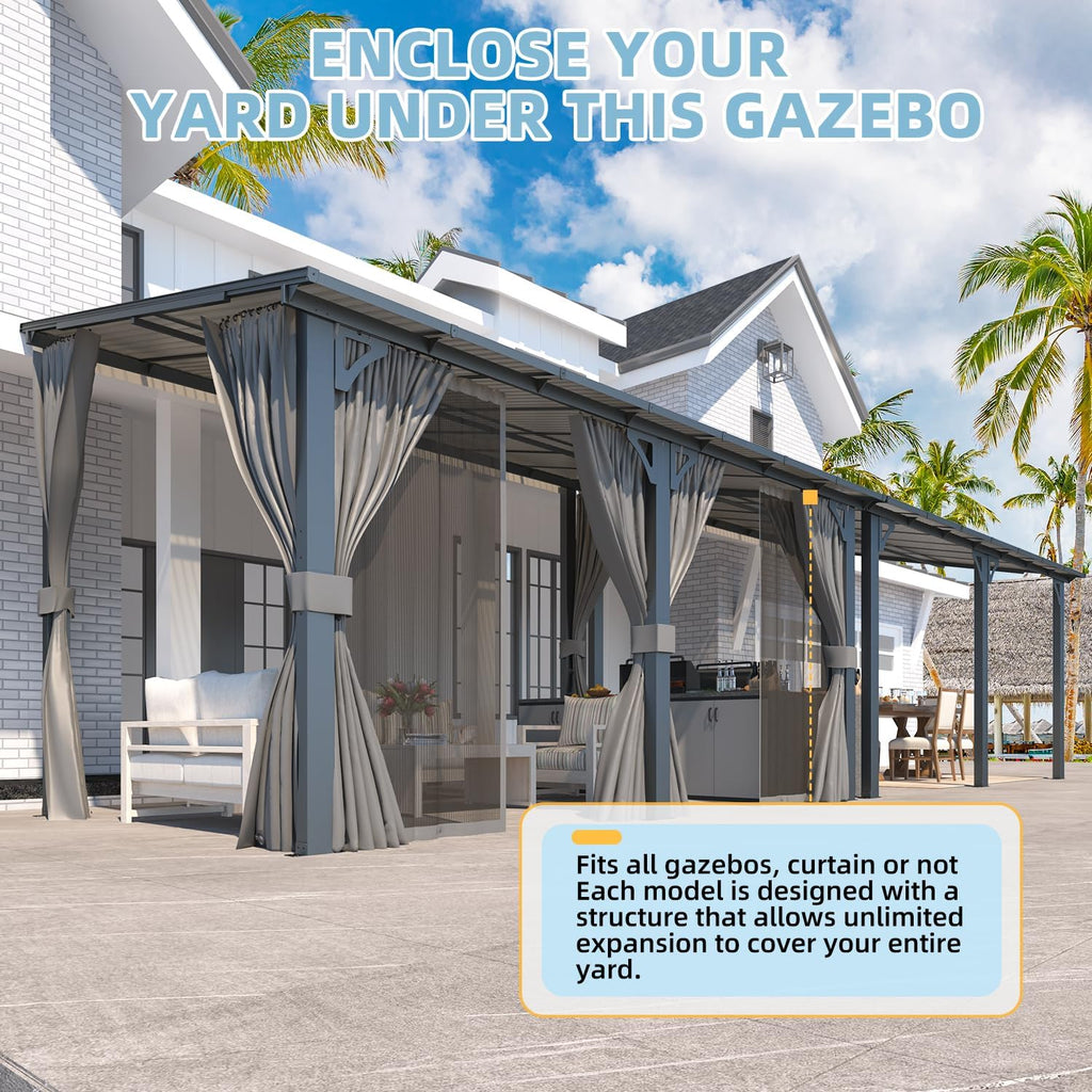 AECOJOY 14' x 8' Outdoor Gazebo, Hardtop Pergola Lean to 8x14 Gazebo with Curtains and Netting, Pergolas and Gazebos Clearance with Patio Roof, Large Wall-Mounted Heavy Duty Awnings for Patio, Decks