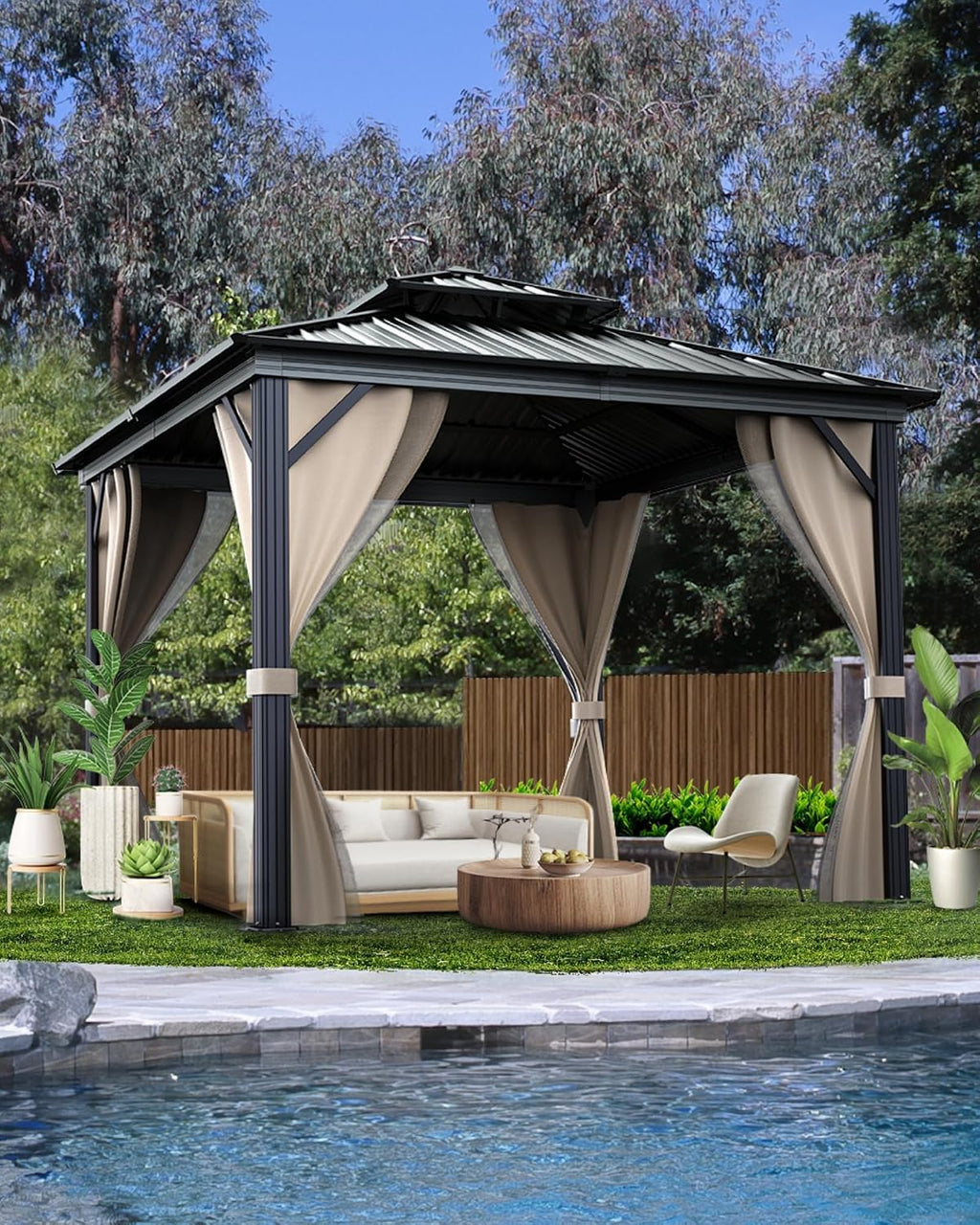 KYBOLT 10x10 Ft Hardtop Gazebos with Heavy Duty Double Roof, Nettings and Curtains Galvanized Steel Outdoor Gazebos for Patio, Backyard, Deck, Lawn (Brown)