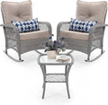 UDPATIO Rocking Chair Outdoor Set 2 with Coffee Table, 3 Piece Wicker Rocking Bistro Set with 4' Water-Resistant Cushions, Oversized, 350lbs Heavy-Duty, for Porch, Patio, Balcony, Grey/Beige