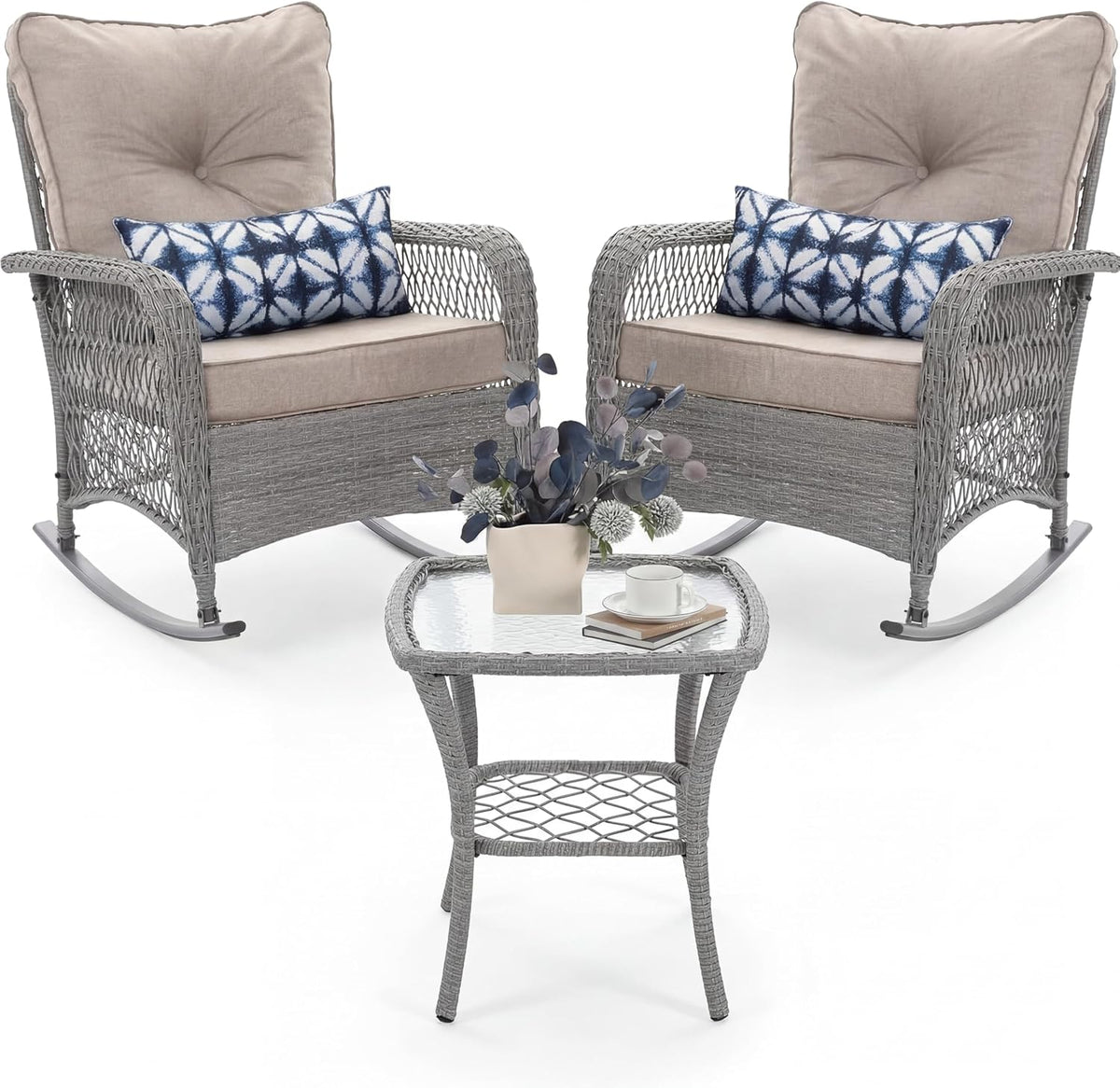 UDPATIO Rocking Chair Outdoor Set 2 with Coffee Table, 3 Piece Wicker Rocking Bistro Set with 4' Water-Resistant Cushions, Oversized, 350lbs Heavy-Duty, for Porch, Patio, Balcony, Grey/Beige