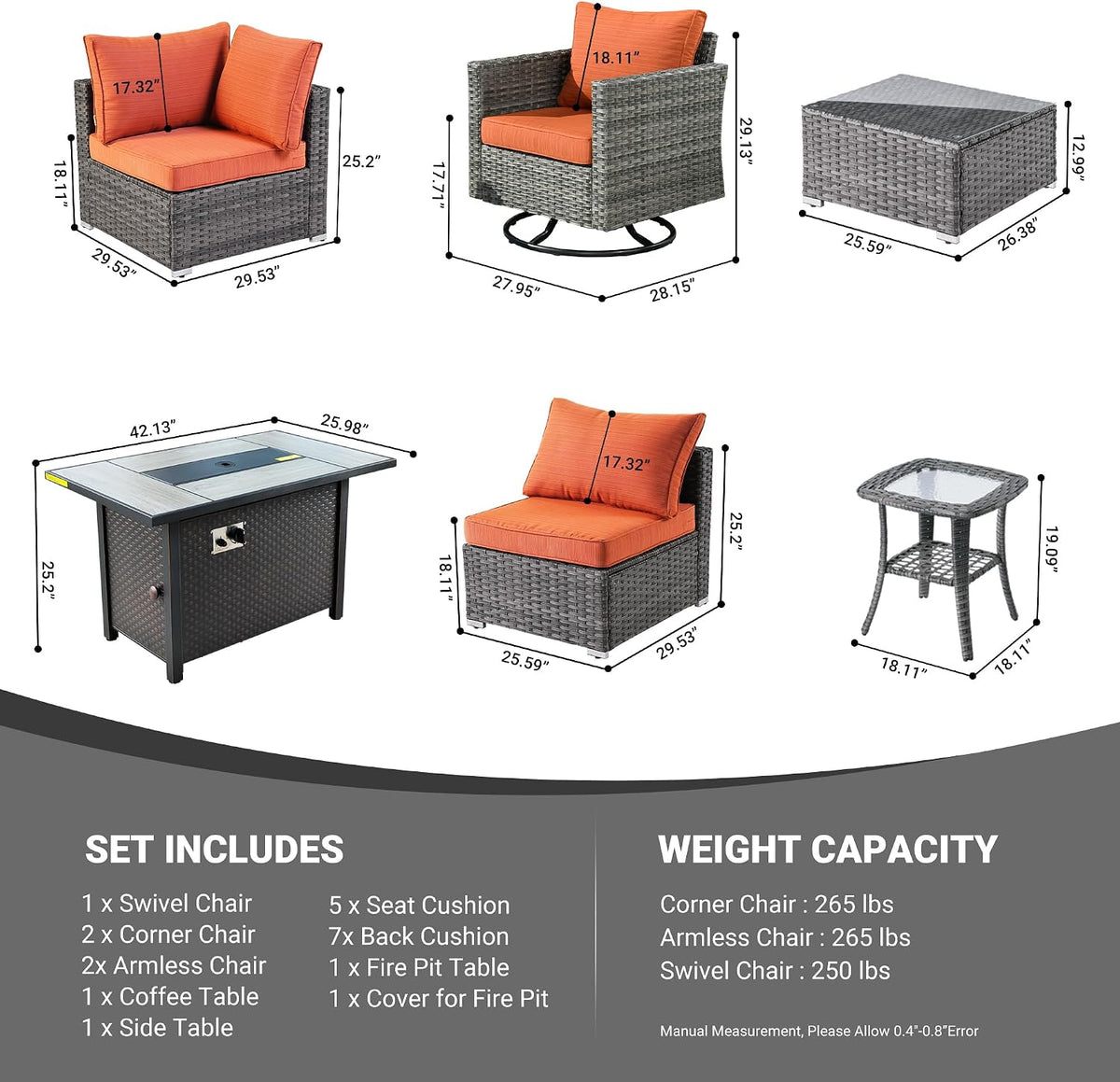 Weaxty 8 Piece Outdoor Sectional with Fire Pit Table, All Weather Wicker Patio Furniture Set with Swivel Rocker Chair Coffee Table, Thick Cushion Couch Conversation Sets for Garden Deck Backyard Red