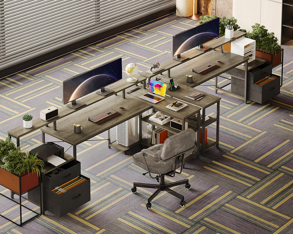 ODK 75' L Shaped Desk with File Drawers, Work from Home Office Desk with Power Outlet, Reversible Computer Desk with Storage Shelves, Gaming Desk with Monitor Shelf, Corner WFM Table, Grey Oak