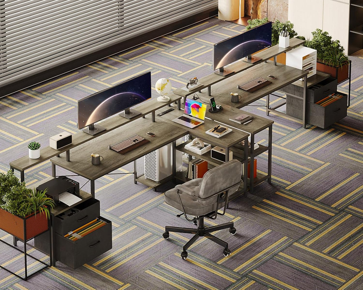ODK 75' L Shaped Desk with File Drawers, Work from Home Office Desk with Power Outlet, Reversible Computer Desk with Storage Shelves, Gaming Desk with Monitor Shelf, Corner WFM Table, Grey Oak