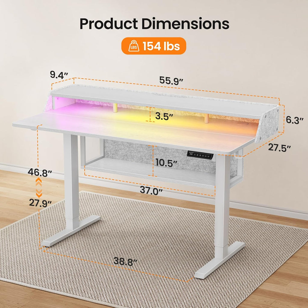 ErGear Electric Standing Desk, 55x28 Inch Adjustable Sit Stand Desk with Bookshelf & Monitor Stand, Standing Gaming Desk with LED Light Strip, Stand Up Desk for Home Office, White