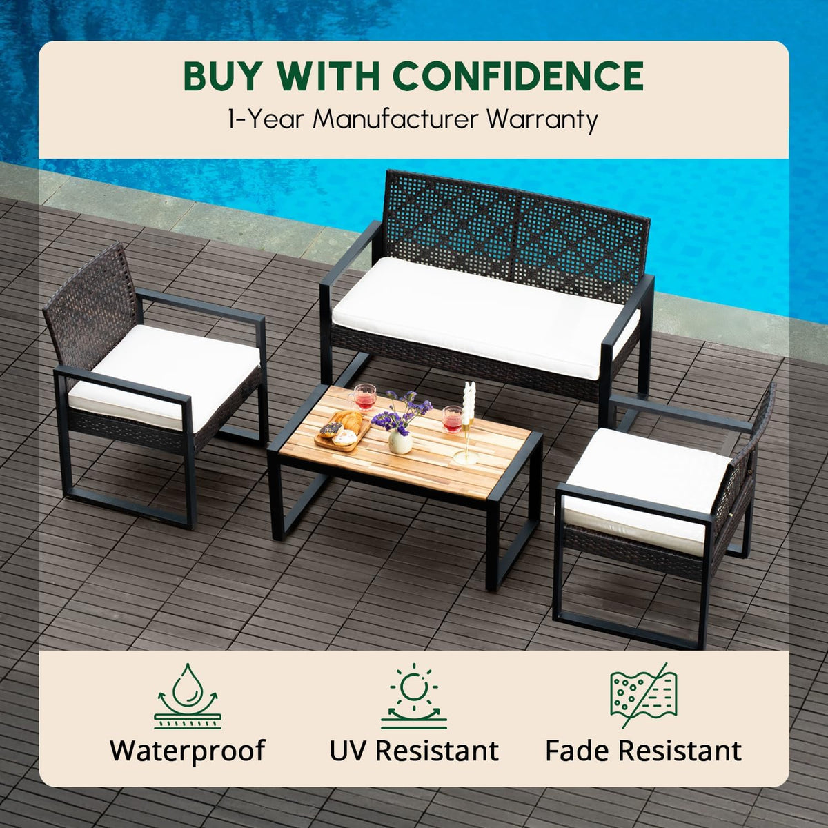 BEEFURNI Wicker Patio Furniture Outdoor Conversation Set of 4, Rattan Outdoor Furniture Set, Acacia Wood Table, 2 Chairs, 1 Loveseat, 2' Cushions, All Weather Set for Patio, Porch, Balcony (Black)