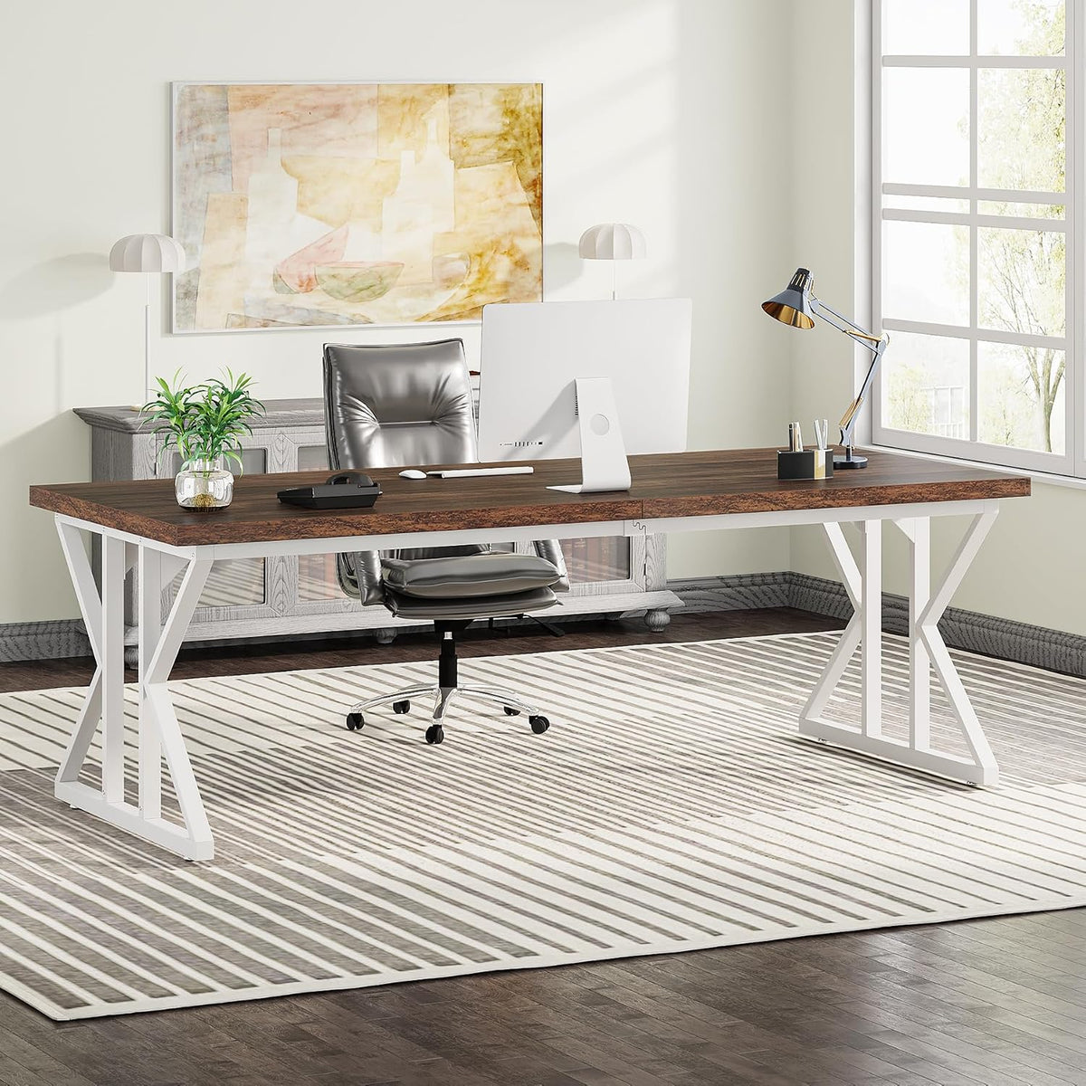 Tribesigns 78.7-Inch Executive Desk, Large Computer Office Desk Workstation, Modern Simple Style Laptop Desk Study Writing Table Business Furniture for Home Office (Rustic Brown/White, 78.7 Inch)