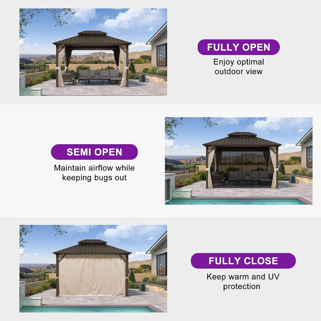 PURPLE LEAF 8' X 10' Outdoor Hardtop Gazebo Metal Frame Galvanized Steel Double Roof with Curtains and Nettings for Patio Desk Backyard Bronze