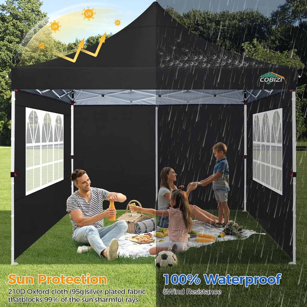 COBIZI 10x10 Pop Up Canopy with 4 Sidewalls, Canopy Tent 10x10 for Parties, Backyard, Commercial, Waterproof and Portable Instant Shelter UV50+ Outdoor Gazebo with 4 Sandbags(Black)