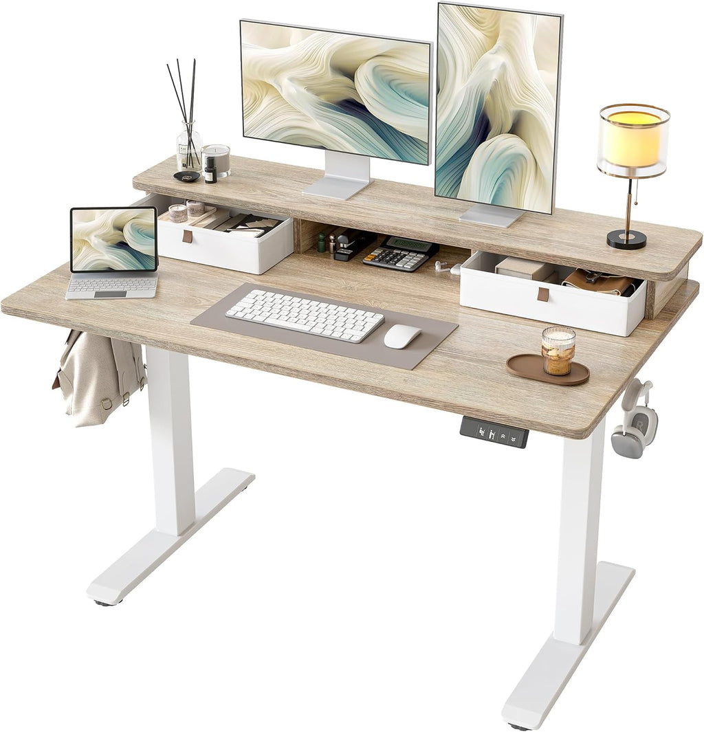 TIQLAB Standing Desk with Two Drawers, Stand Up Standing Desk Adjustable Height, Electric Sit Stand Table with Storage Shelf and Splice Board, 48 * 24 inch, Maple