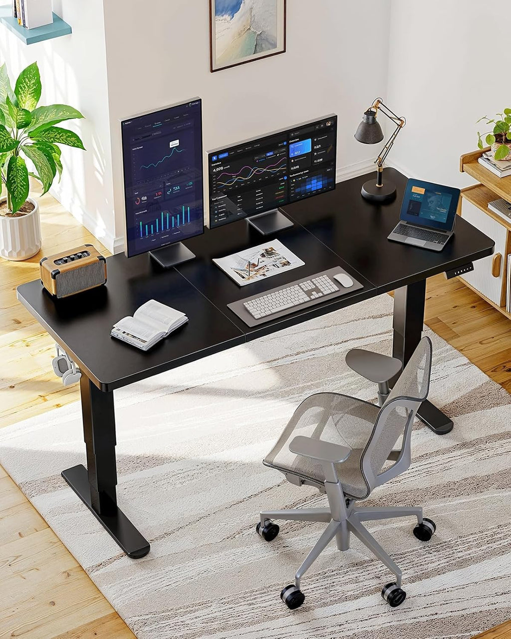HUANUO 70x30 Inch 3-Stage Legs Electric Standing Desk, Large Height Adjustable Office Desk with Brushless Motor, Stand Up Desk with 4 Memory Presets & 2 Hooks, Computer Desk for Home Office, Black