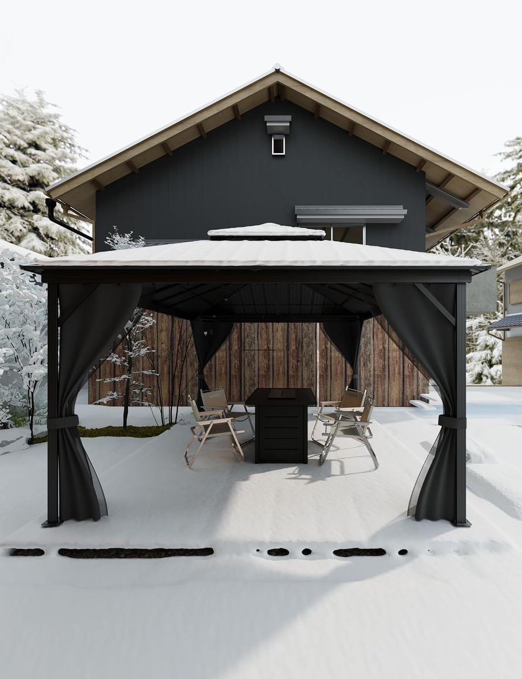 GarveeLife Hardtop Gazebo 12 ft x16 ft for All Weather, with Double Metal Roof, Net, and Curtain, Permanent Building for Patio, Deck, Backyard, Lawn, and Garden