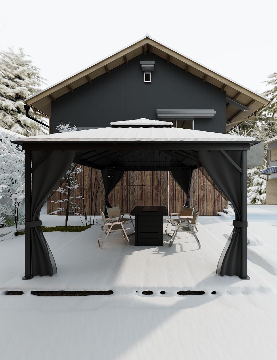 GarveeLife Hardtop Gazebo 12 ft x16 ft for All Weather, with Double Metal Roof, Net, and Curtain, Permanent Building for Patio, Deck, Backyard, Lawn, and Garden