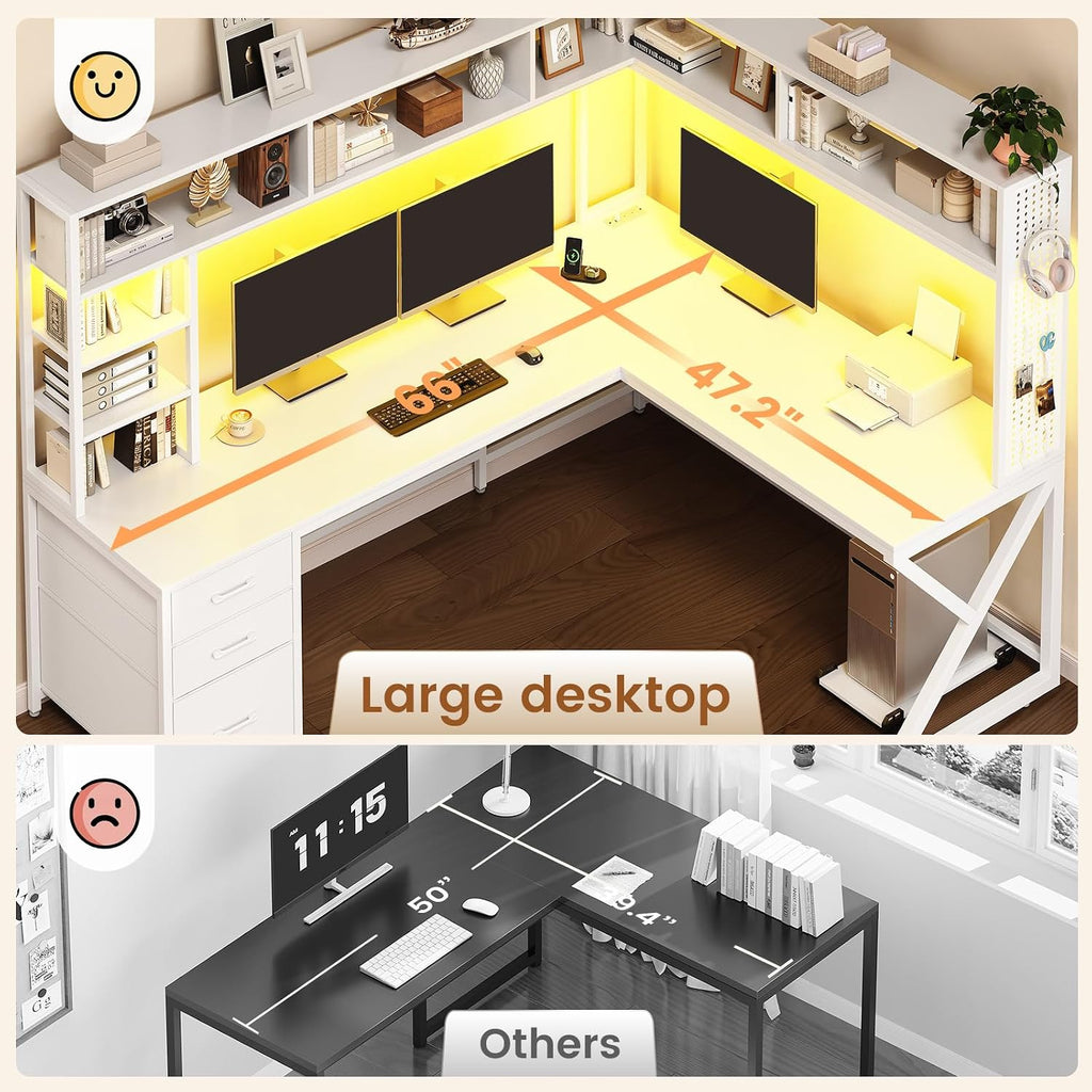 SEDETA Corner Computer Desk, Convertible 94.5' Gaming Desk with Storage Drawers, Hutch and Pegboard, L Shaped Office Desk with Power Outlet, LED Lights for Home Office, White