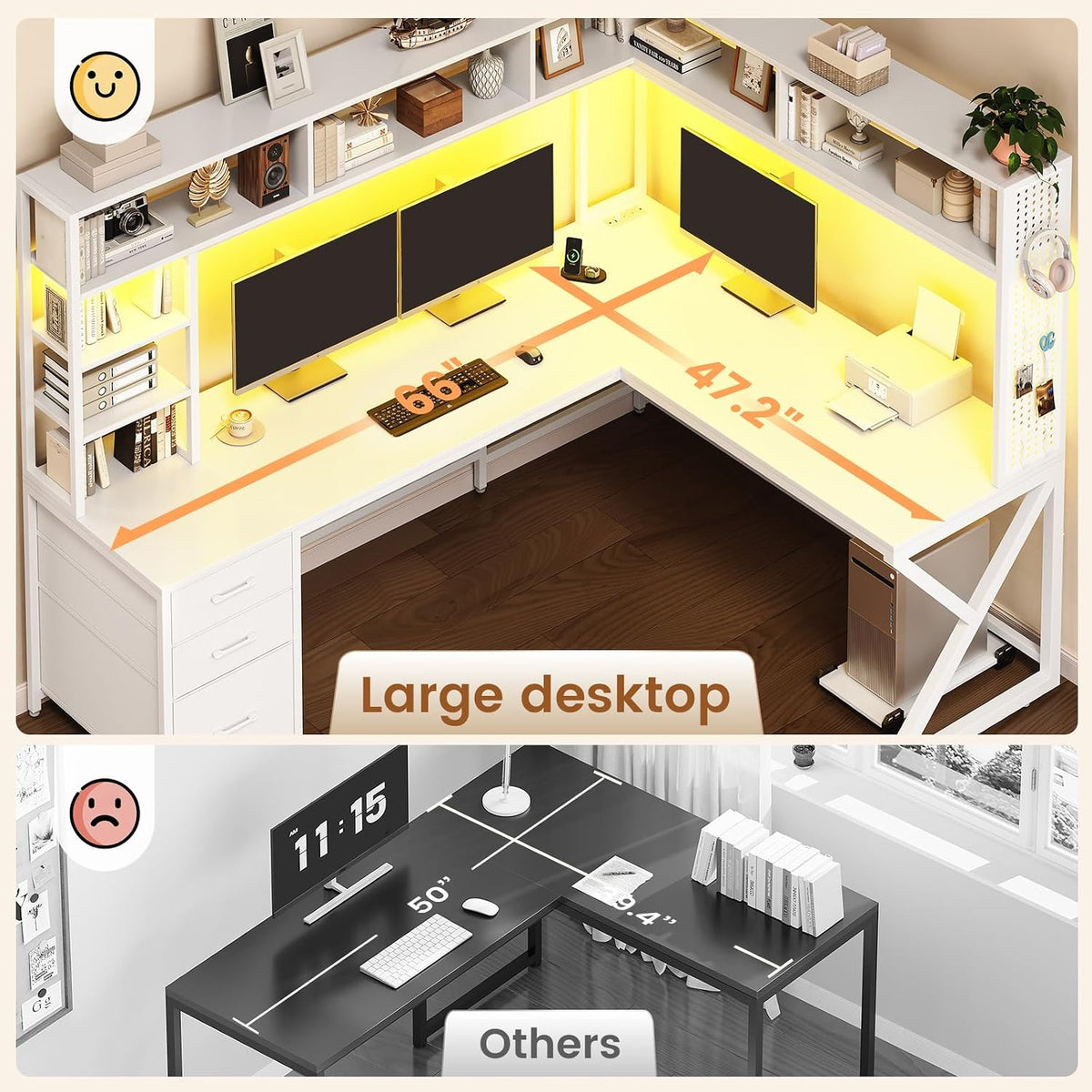 SEDETA Corner Computer Desk, Convertible 94.5' Gaming Desk with Storage Drawers, Hutch and Pegboard, L Shaped Office Desk with Power Outlet, LED Lights for Home Office, White