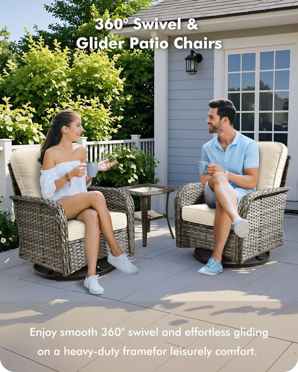 CAODOC 3-Piece Swivel Rocking Rattan Chair Outdoor, Patio Bistro Furniture Conversation Set, Wicker Chair with Coffee Table Beige