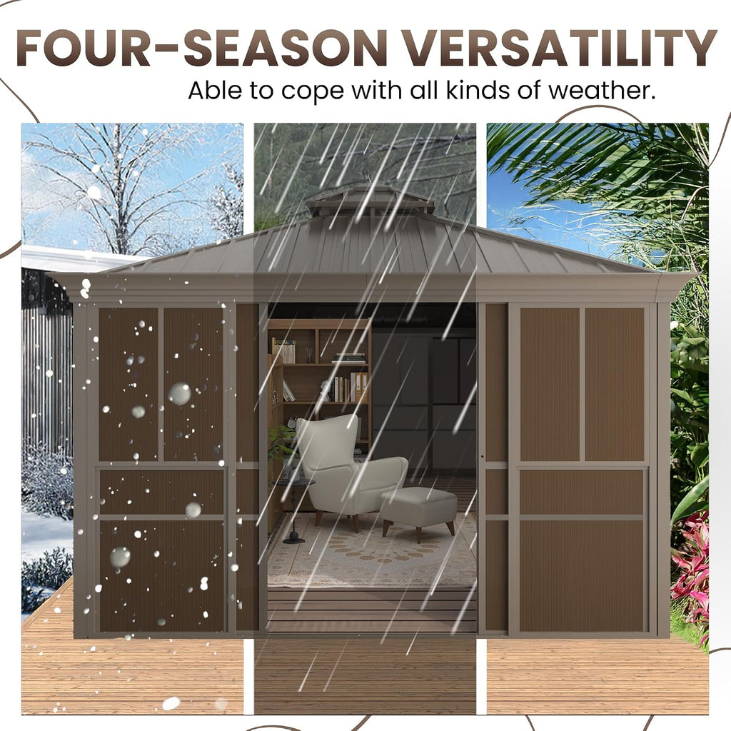 EROMMY 10' X 12' Hardtop Sunroom, Galvanized Steel Double Roof Gazebo Solarium with Detachable Windows & Lockable Doors, All-Weather Sun Room for Patio Deck Backyard