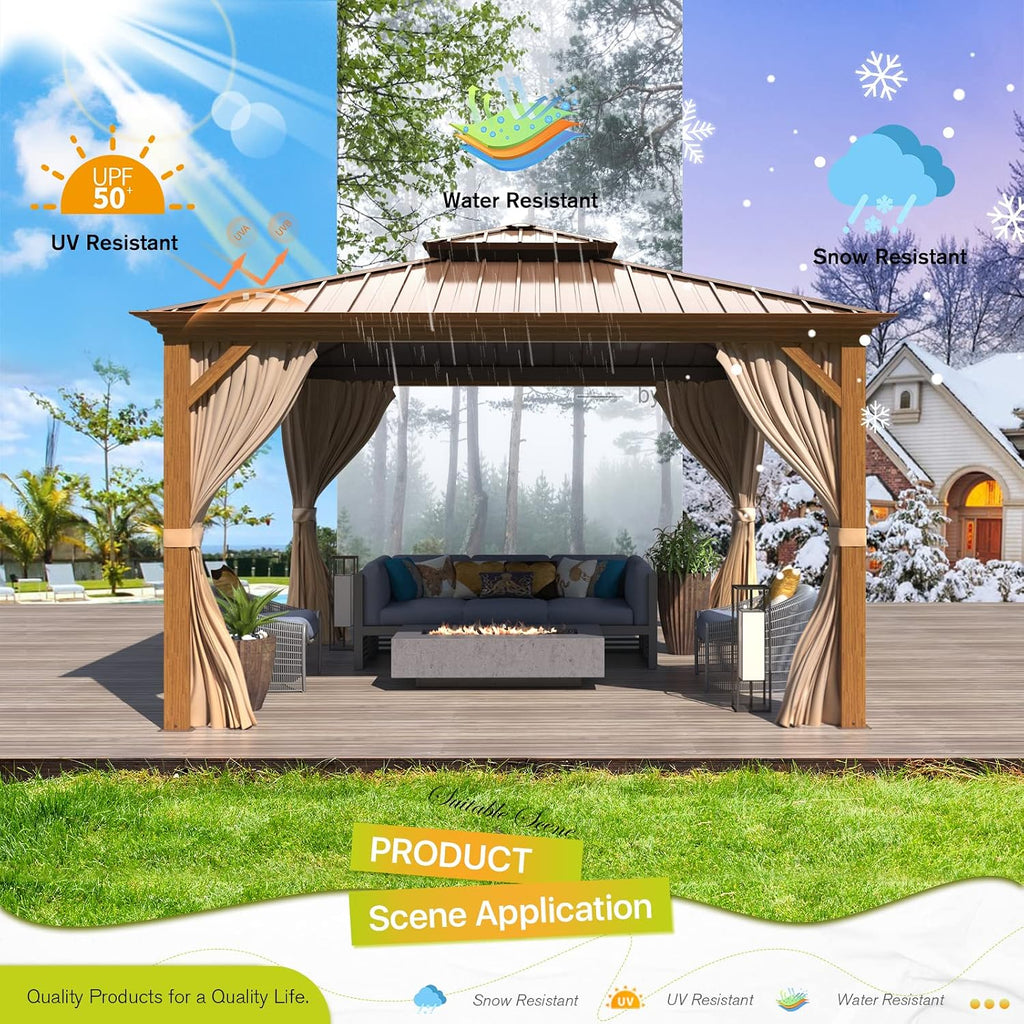 EROMMY 12'x12' Hardtop Gazebo, Wood Grain Aluminum Frame Outdoor Gazebo with Double Galvanized Steel Roof, Permanent Metal Pavilion with Curtains and Nettings for Patio, Backyard, Deck and Lawns
