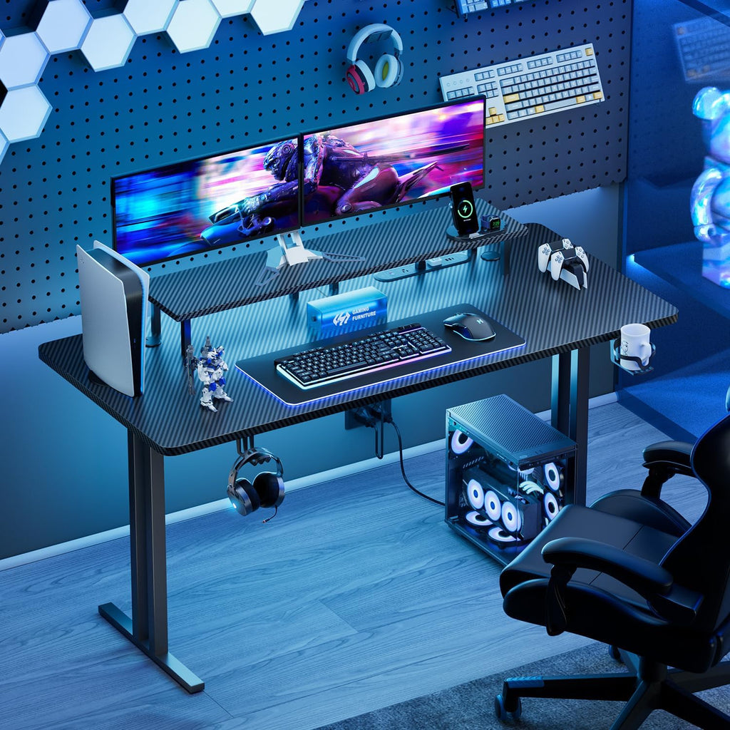 HLDIRECT 55 Inch Gaming Desk with 5 Sockets & LED Lights, Computer Gamer Desk with Monitor Stand, Ergonomic Carbon Fiber Gaming Table Home Office Desk with Cup Holder, Headphone Hook & Mouse Pad
