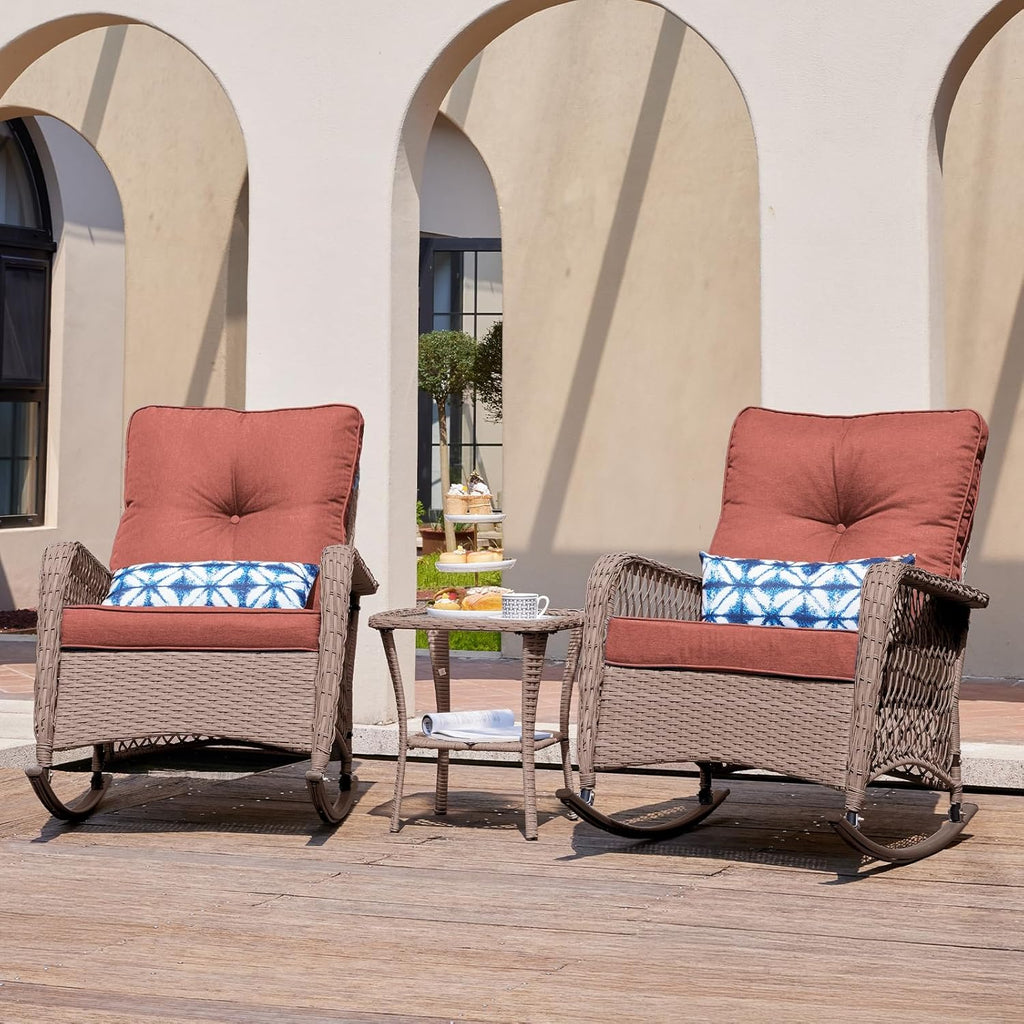 UDPATIO Rocking Chair Outdoor Set 2 with Coffee Table, 3 Piece Wicker Rocking Bistro Set with 4' Water-Resistant Cushions, Oversized, 350lbs Heavy-Duty, for Porch, Patio, Balcony, Brown/Dark Red