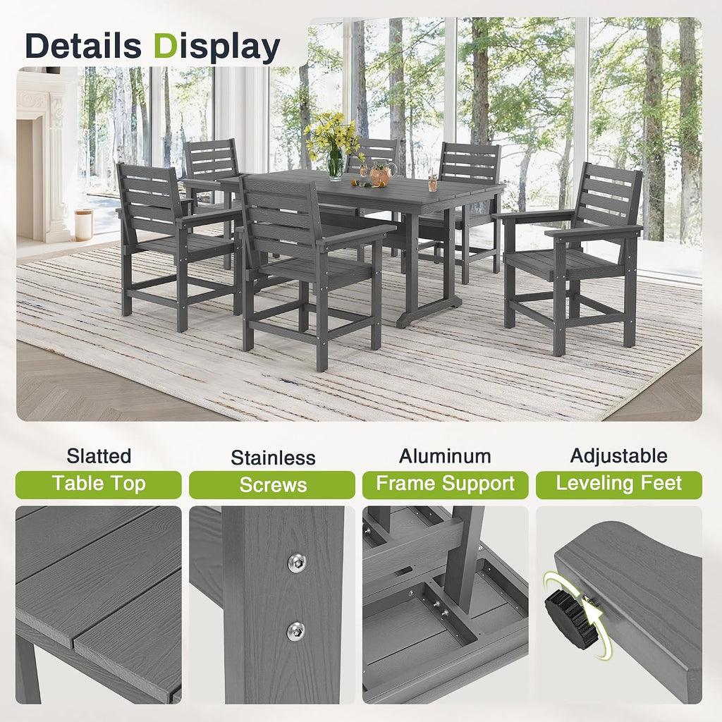 7 Piece Outdoor Dining Set, HDPS Patio Table and Chairs Set, 66' Patio Table with 1.96' Umbrella Hole & 6 Chairs, All Weather Furniture for Garden, Backyard, Poolside (Grey)