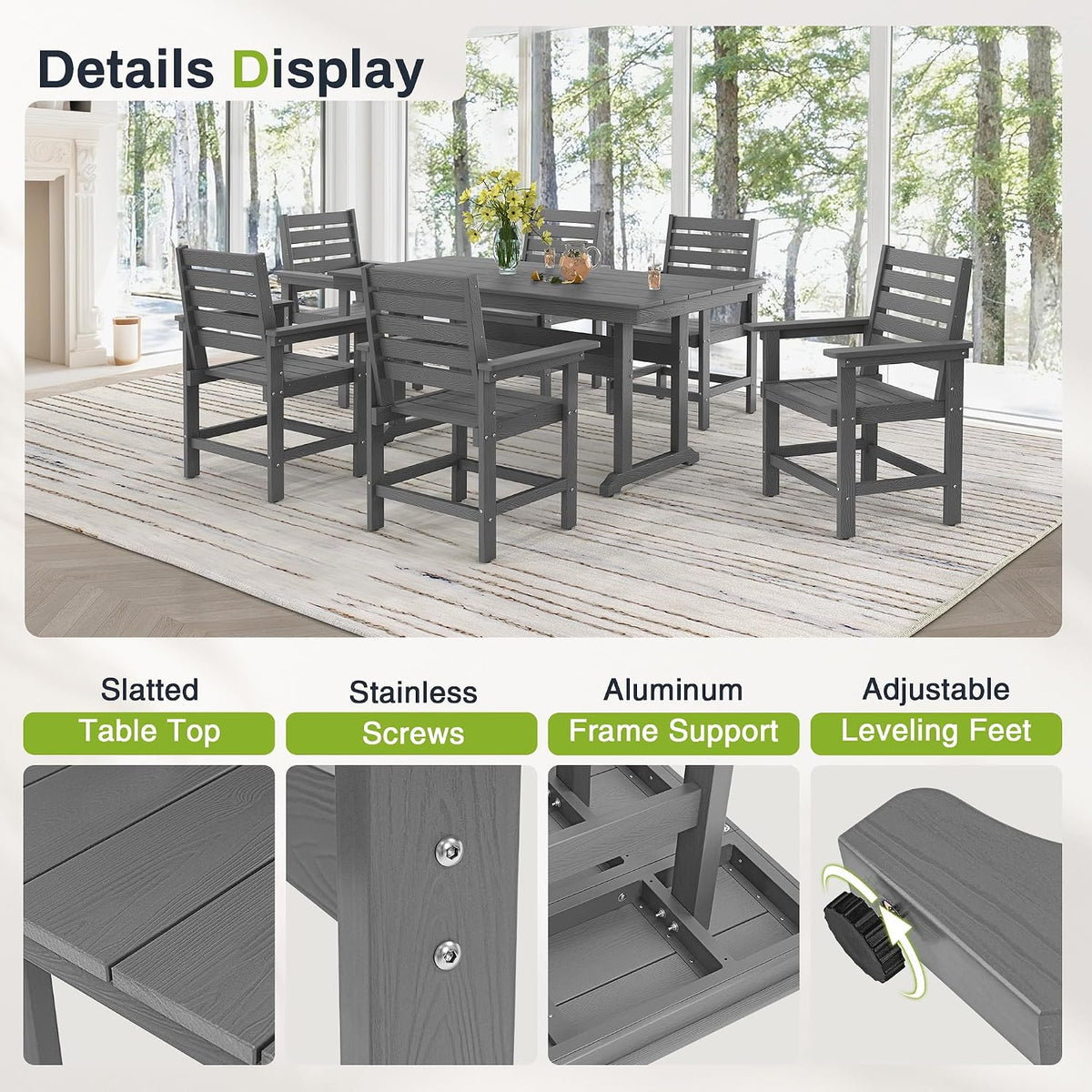 7 Piece Outdoor Dining Set, HDPS Patio Table and Chairs Set, 66' Patio Table with 1.96' Umbrella Hole & 6 Chairs, All Weather Furniture for Garden, Backyard, Poolside (Grey)