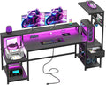 DurayLoly 63' Gaming Desk with LED Lights & Outlets,Computer Desk with Drawers & Monitor Stand,Gaming Table with 3 Storage Shelves, Hooks& Printer Space for Game&Study Room,Home Office,Bedroom,Black