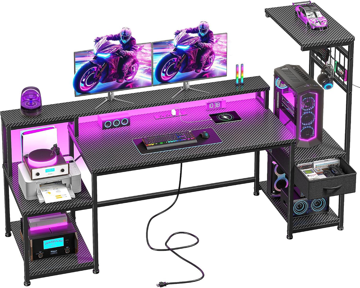 DurayLoly 63' Gaming Desk with LED Lights & Outlets,Computer Desk with Drawers & Monitor Stand,Gaming Table with 3 Storage Shelves, Hooks& Printer Space for Game&Study Room,Home Office,Bedroom,Black