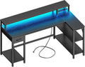SUPERJARE 53 inch L Shaped Gaming Desk with LED Lights & Power Outlets, Reversible Computer Desk with Shelves & Monitor Stand, Corner Desk with Drawer, for Home & Office, Black