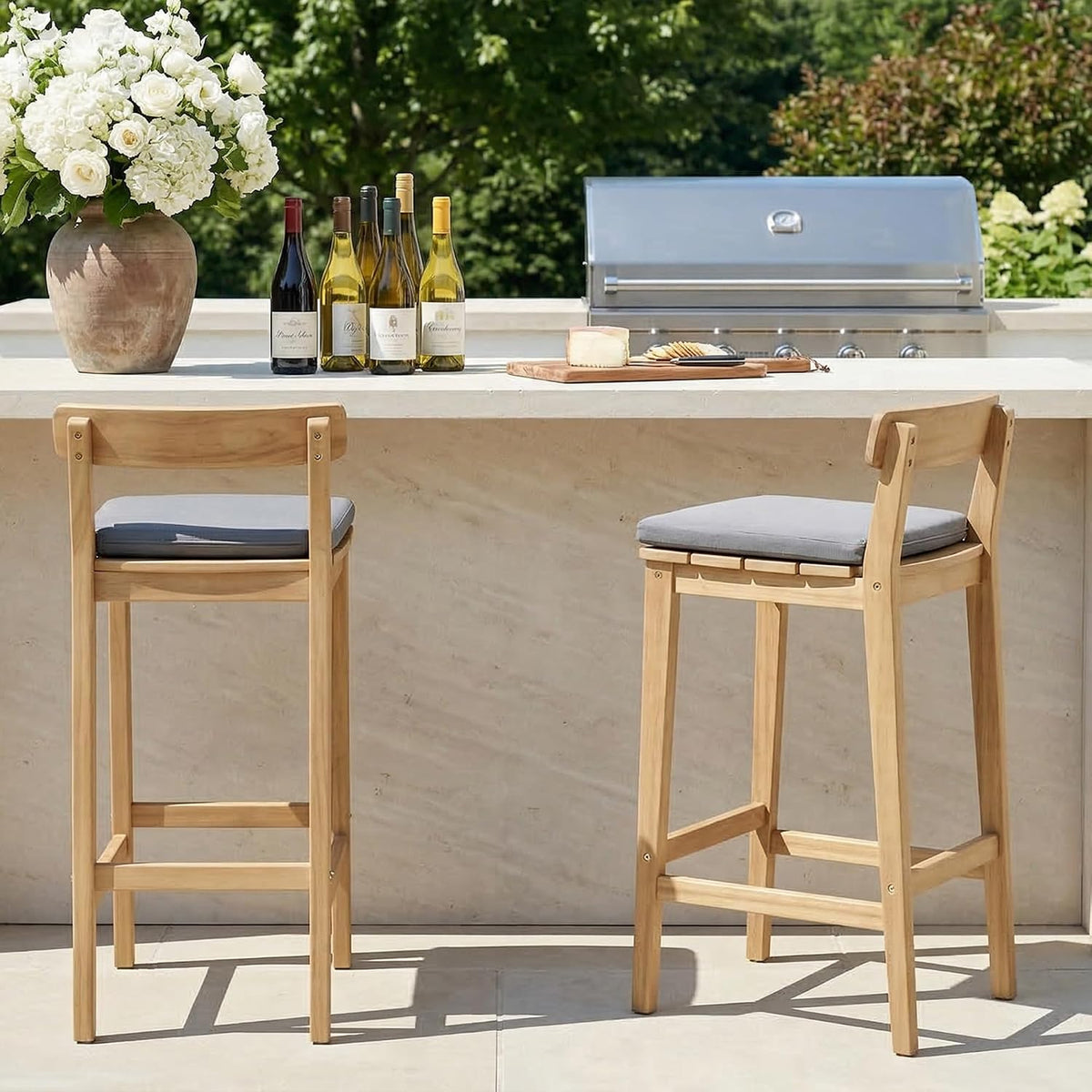 Patio Bar Stools Set of 2, Solid Acacia Wood Patio Barstools with Footrest, 28.5' Counter Height Outdoor Bar Stools, High Top Patio Bar Chairs for Balcony/Deck/Kitchen Island/Bistro, Grey
