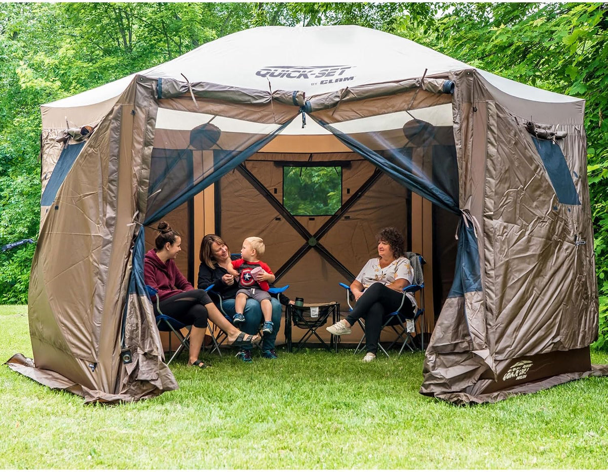 CLAM Quick-Set Pop Up Screen Tent, Pavilion, 12.5 ft, Instant Setup Brown Large Outdoor Gazebo Canopy Shelter, Spacious 8-Person Bug-Free Tent for Parties, Backyard, Camping, Events - Brown