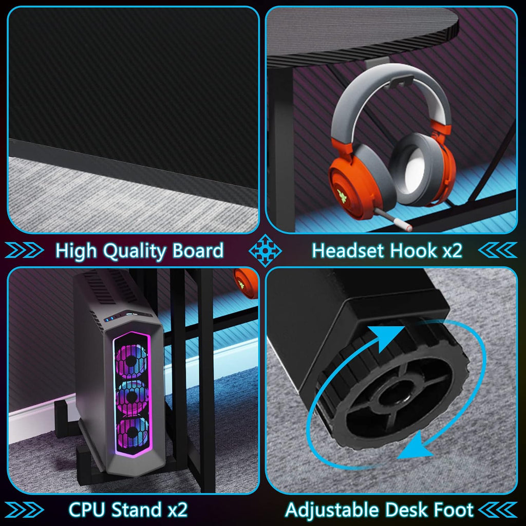 Tribesigns 75 Inch Gaming Desk with Monitor Shelf, Large PC Computer Desk with LED Lights, Gaming Table Gamer Desk for Bedroom, Home Office, Black