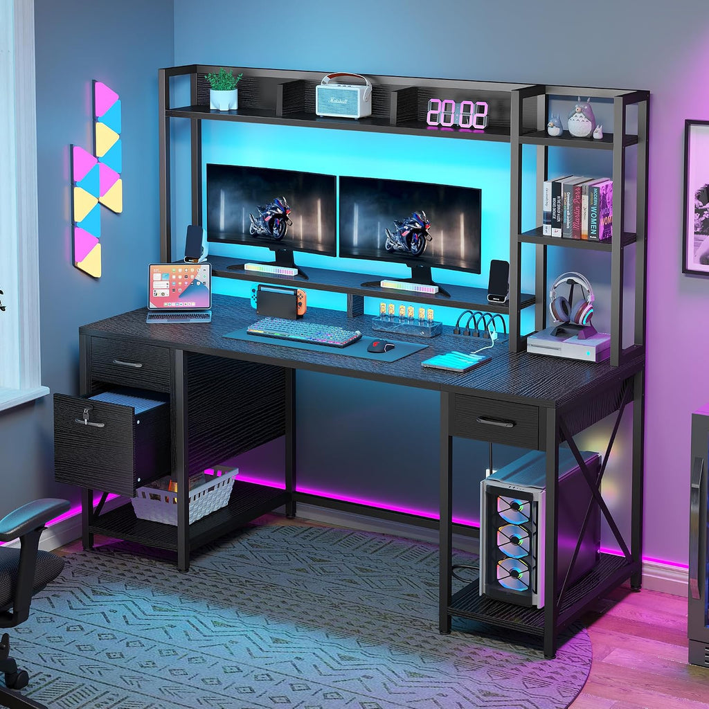 DWVO Computer Desk with Drawers & Hutch, 59.1' Office Desk with Power Outlets & LED Lights, Home Office Desk with Storage Shelves, Black