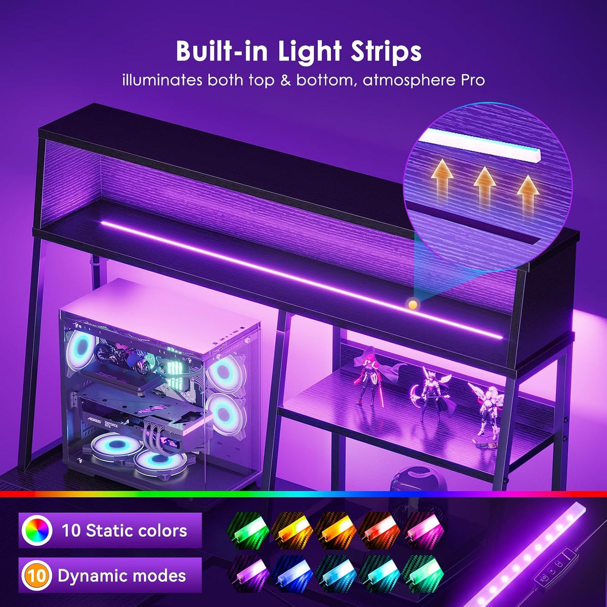 AODK L Shaped Gaming Desk with Led Lights, 59 Inch Reversible Gaming Computer Desk with Display Shelves, PC Gamer Desk Gamer Table with Storage Bag, L Desk for Game, Black