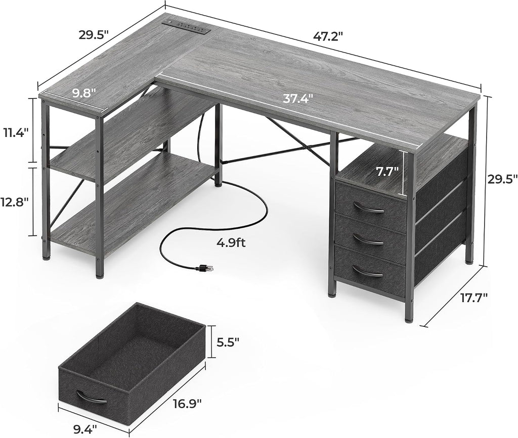 Huuger L Shaped Office Desk with Power Outlets, 47 Inch Computer Desk with 3 Drawers, Shelves, for Gaming, Corner Work, Home Office, Study, Grey