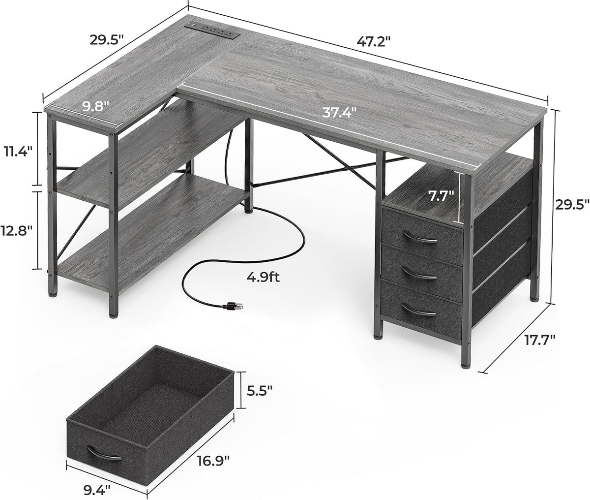 Huuger L Shaped Office Desk with Power Outlets, 47 Inch Computer Desk with 3 Drawers, Shelves, for Gaming, Corner Work, Home Office, Study, Grey