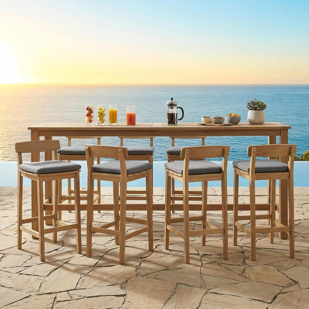 Patio Bar Stools Set of 6, Solid Acacia Wood Patio Barstools with Footrest, 28.5' Counter Height Outdoor Bar Stools, High Top Patio Bar Chairs for Balcony/Deck/Kitchen Island/Bistro, Grey
