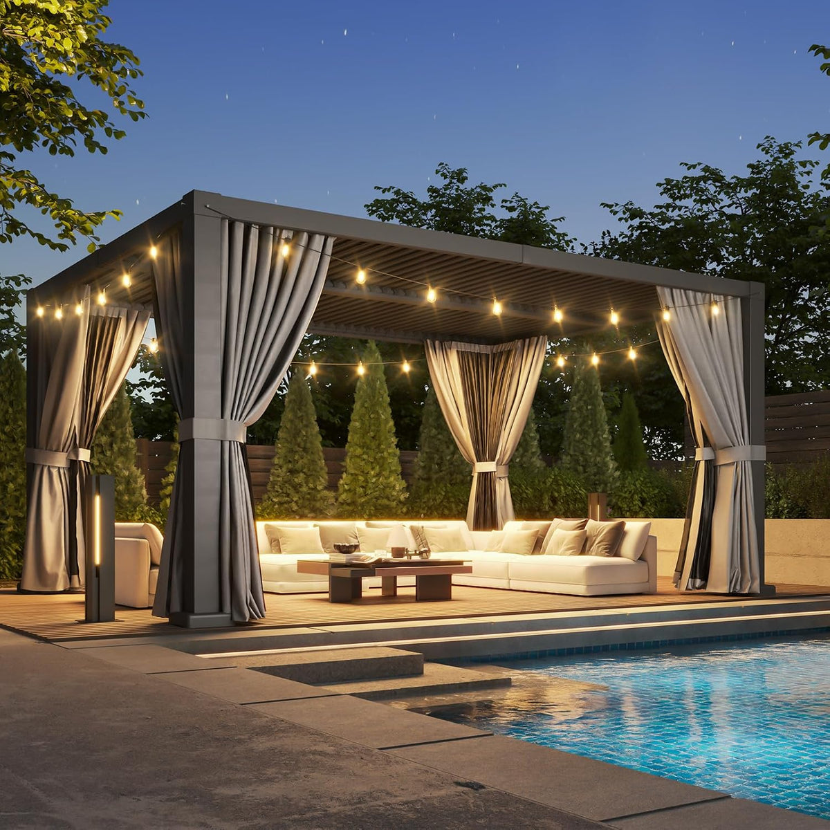 Aoxun Louvered Pergola 12' x 16' Outdoor Aluminum Pergola Adjustable Roof, with Waterproof Curtains and Nets, for Decks, Gardens, Gray