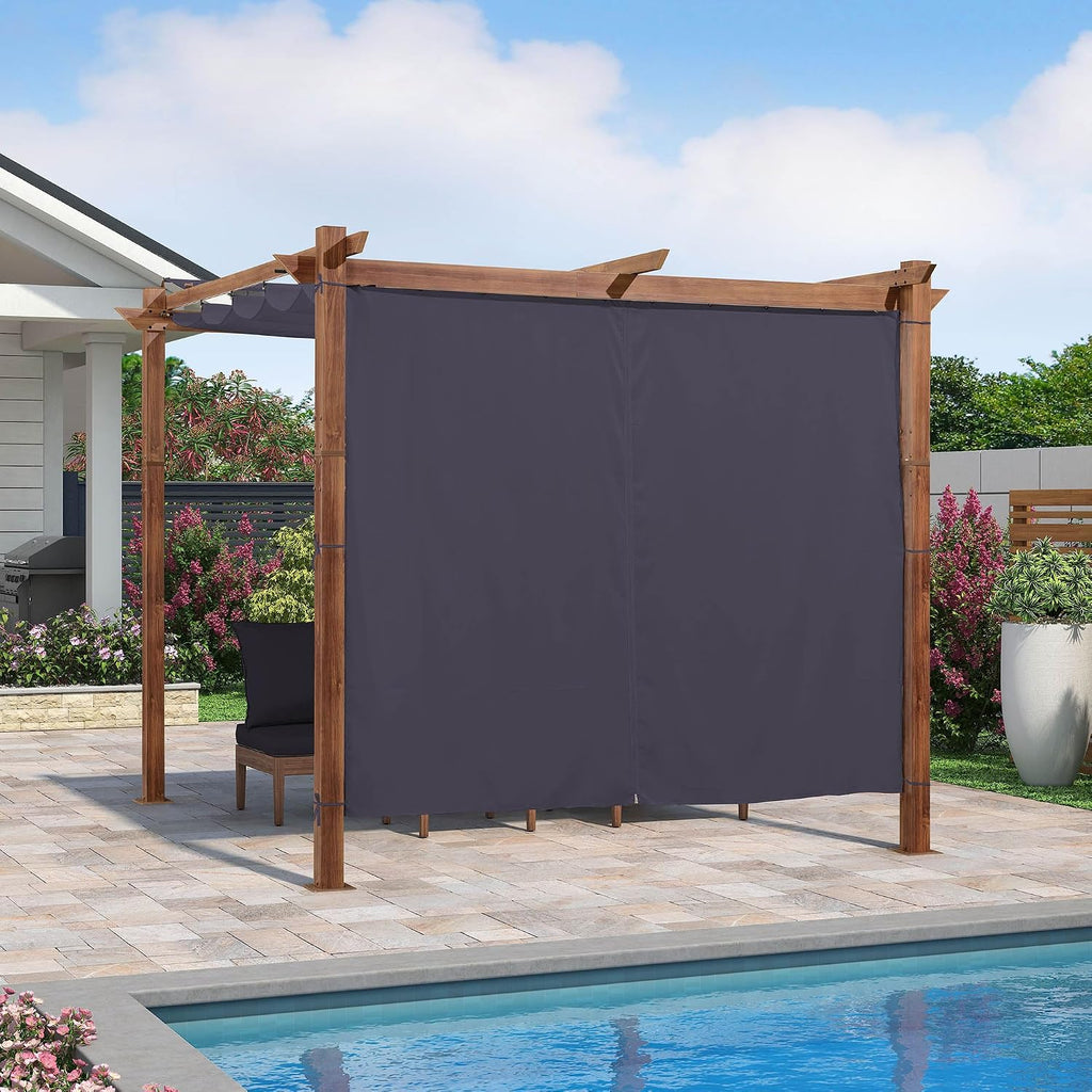 PURPLE LEAF 10' x 10' Pergola with Curtains Outdoor Retractable Pergola Patio Metal Shelter for Garden Porch Natural Wood Grain Frame Gazebo Modern Yard Grill Pergolas with Shade Canopy Navy Blue