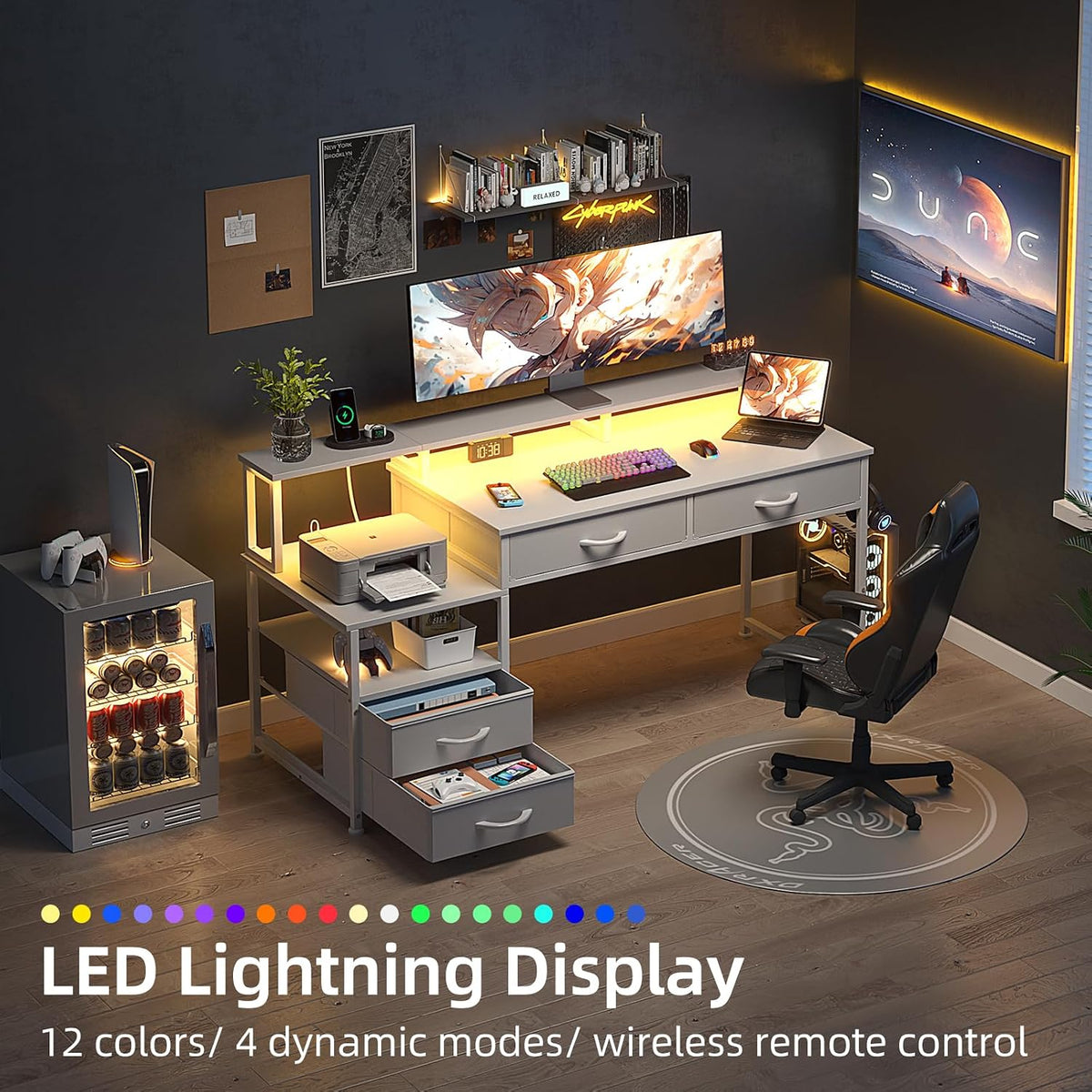 MUTUN 53' Computer Desk with 4 Drawers & Power Outlets, Reversible Home Office Desk with Monitor Stand & Printer Stand, Gaming Desk with Led Lights, Study Writing Work Desk Table for Bedroom (White)