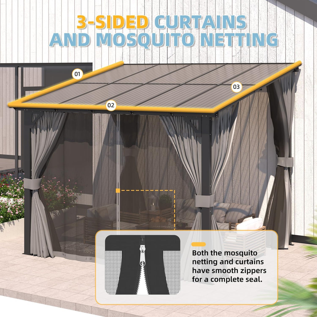 AECOJOY 10' X 8' Gazebo for Patio, Small Wall-Mounted Lean to Gazebo Pergola with Curtains and Netting, 8x10 Hard Top Pergolas and Gazebos on Clearance for Lawn Backyard Garden Deck