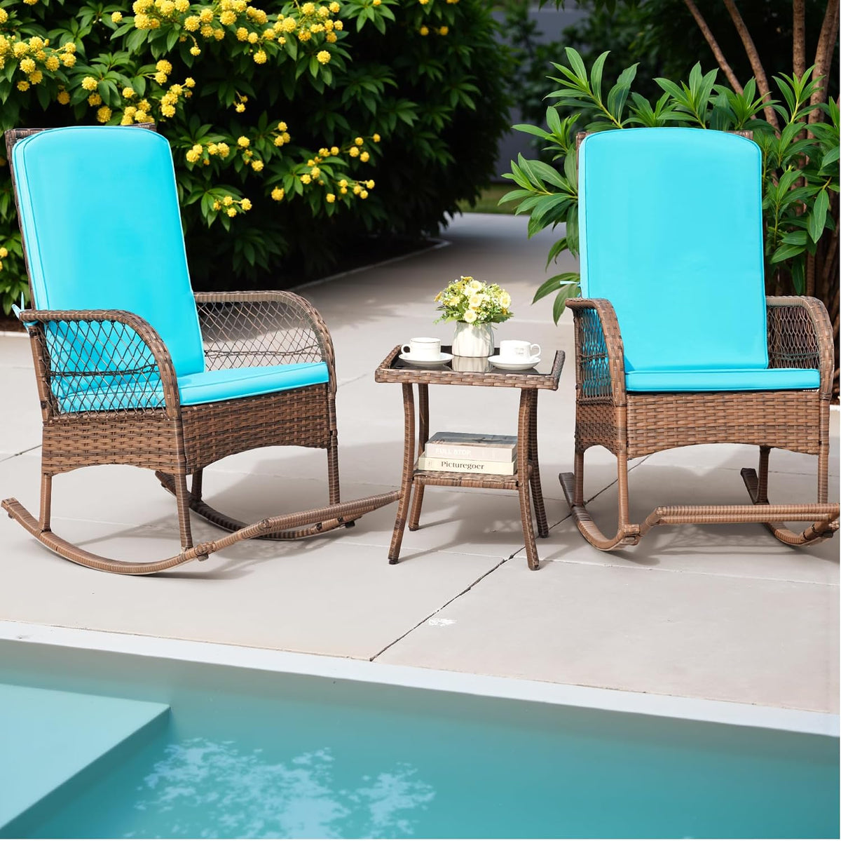 Greesum 3 Piece Outdoor Wicker Rocking Chairs Patio Furniture Set with Glass Coffee Table for Garden Backyard Porch Poolside, Blue