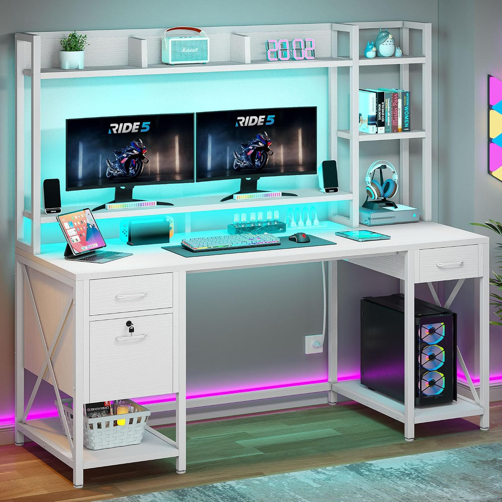 DWVO Computer Desk with Drawers & Hutch, 59.1' Office Desk with Power Outlets & LED Lights, Home Office Desk with Storage Shelves, White