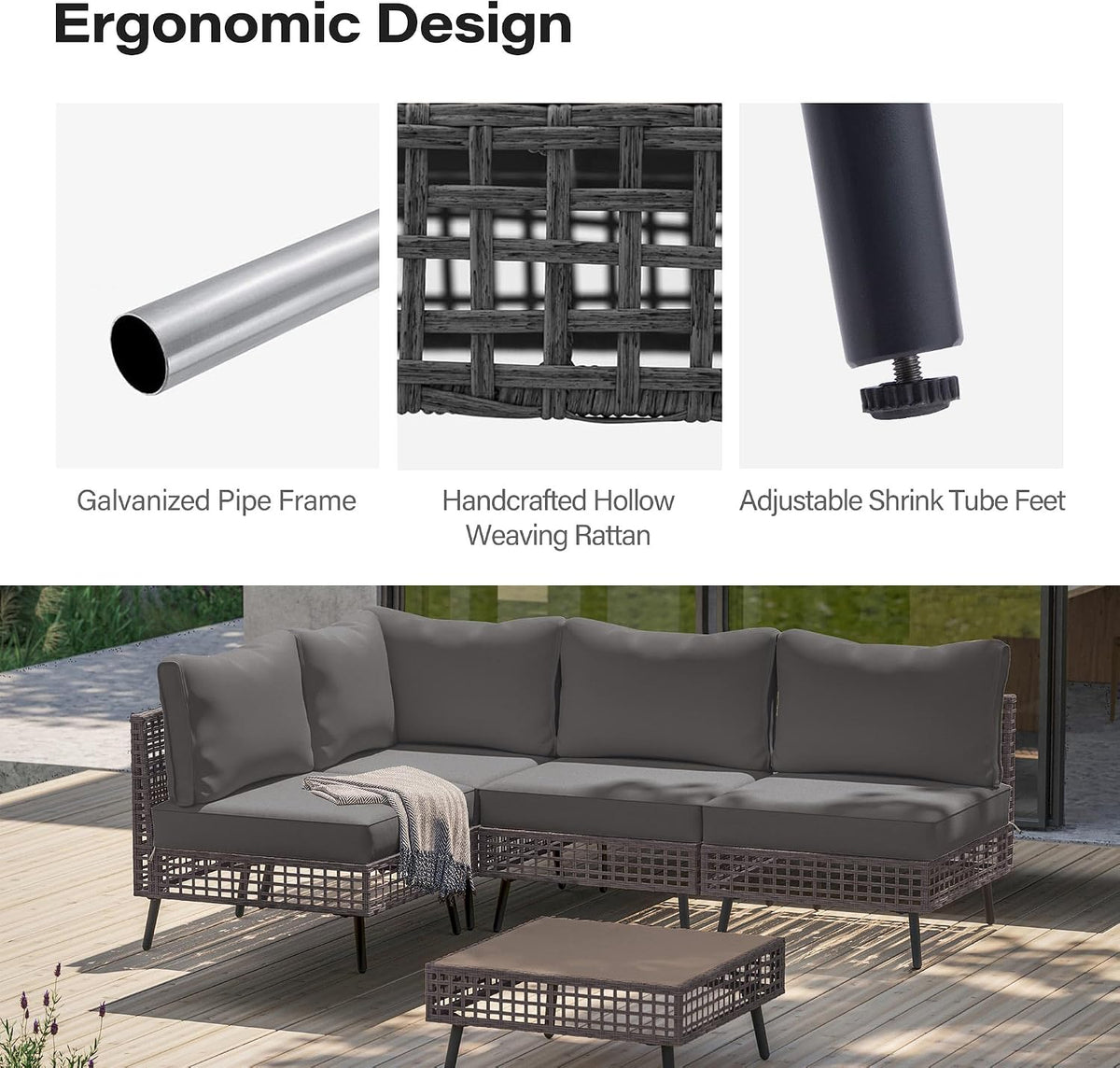 LAUSAINT HOME 5 Pieces Outdoor Sectional Sofa Set, All-Weather PE Wicker Rattan Patio Conversation Set with Thick Cushions & Coffee Table, Patio Furniture Set for Garden, Backyard, Porch (Grey)
