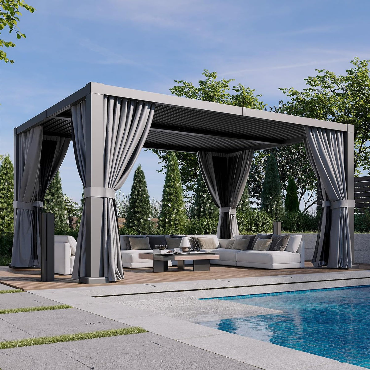 Aoxun Louvered Pergola 12' x 16' Outdoor Aluminum Pergola Adjustable Roof, with Waterproof Curtains and Nets, for Decks, Gardens, Gray