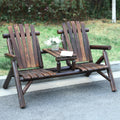 Outdoor 2-Person Wooden Adirondack Bench, Conversation Furniture Set with Patio Rustic Loveseat & Built-in Table, Carbonized Garden Bench Fire Pit Chair for Backyard Porch Pool Deck