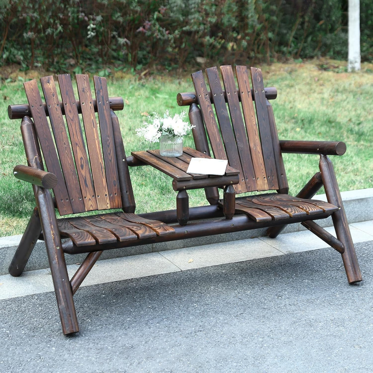 Outdoor 2-Person Wooden Adirondack Bench, Conversation Furniture Set with Patio Rustic Loveseat & Built-in Table, Carbonized Garden Bench Fire Pit Chair for Backyard Porch Pool Deck