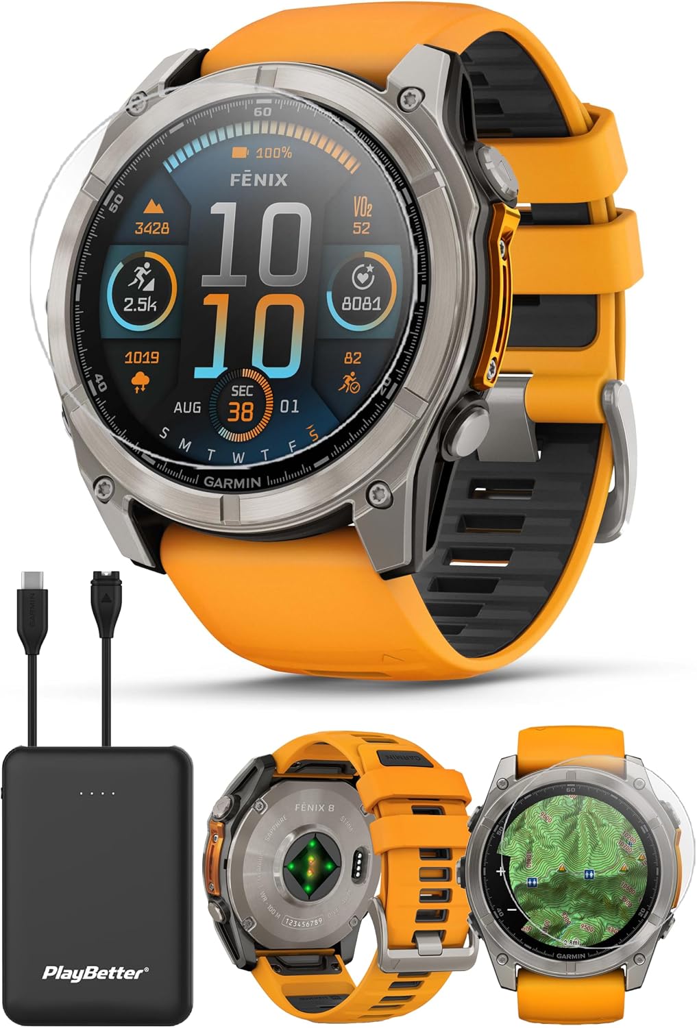 PlayBetter Garmin Fenix 8 AMOLED Sapphire (51mm, Titanium/Spark Orange) Multisport GPS Smartwatch Bundle - 1.4' Touchscreen, Built-in LED Flashlight Portable Charger & Screen Protectors